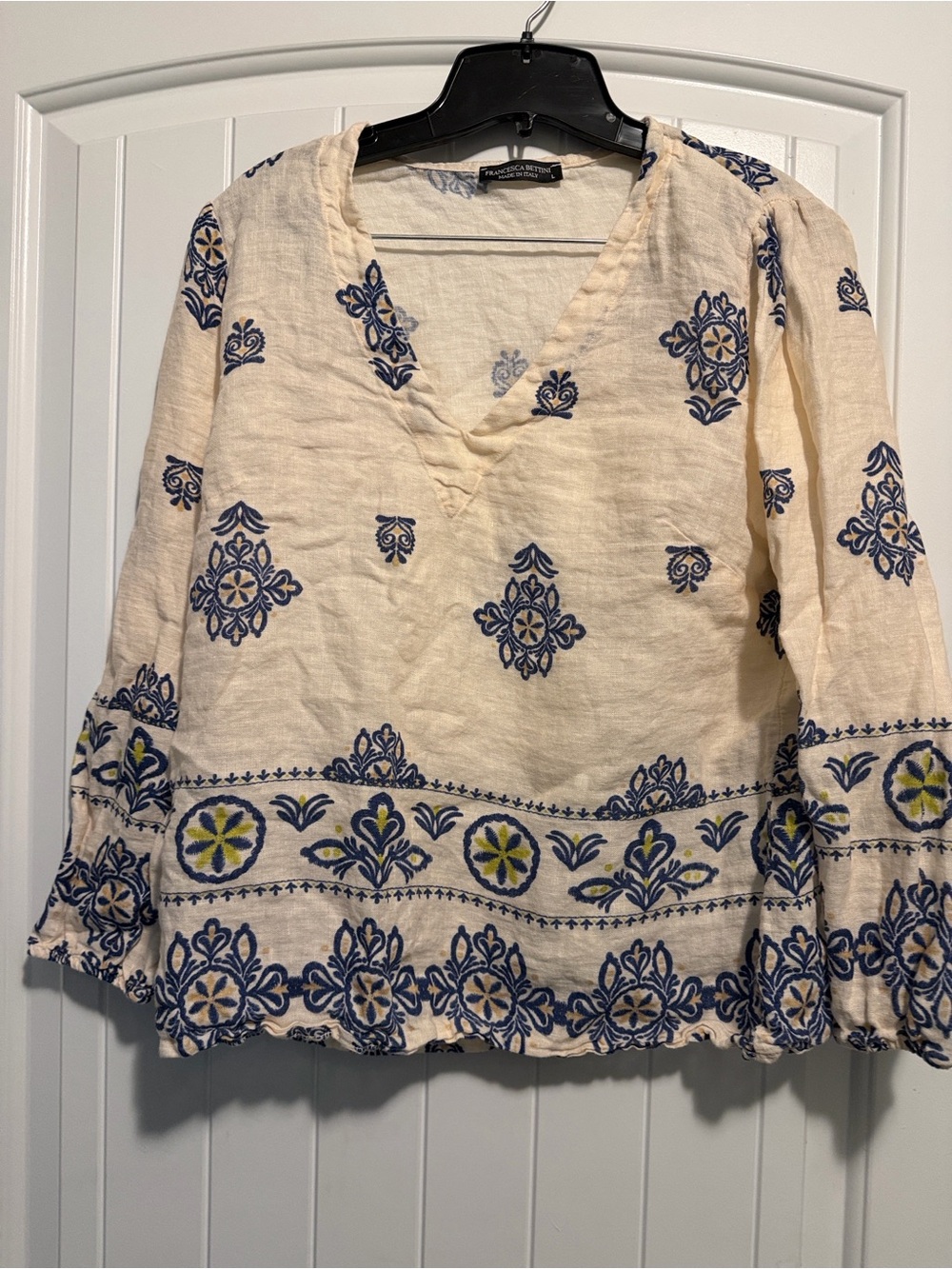 Cream and Blue Embroidered V-Neck Peasant Top
